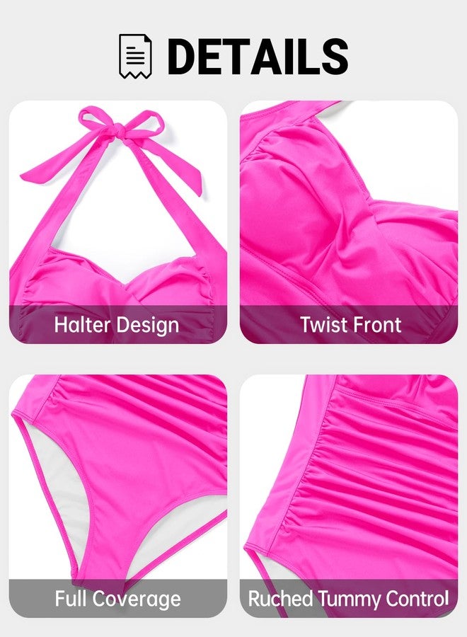 Tempt Me Women Hot Pink Tummy Control One Piece Swimsuits Push Up Slimming Bathing Suits Halter Vintage Swimwear L - Image 3